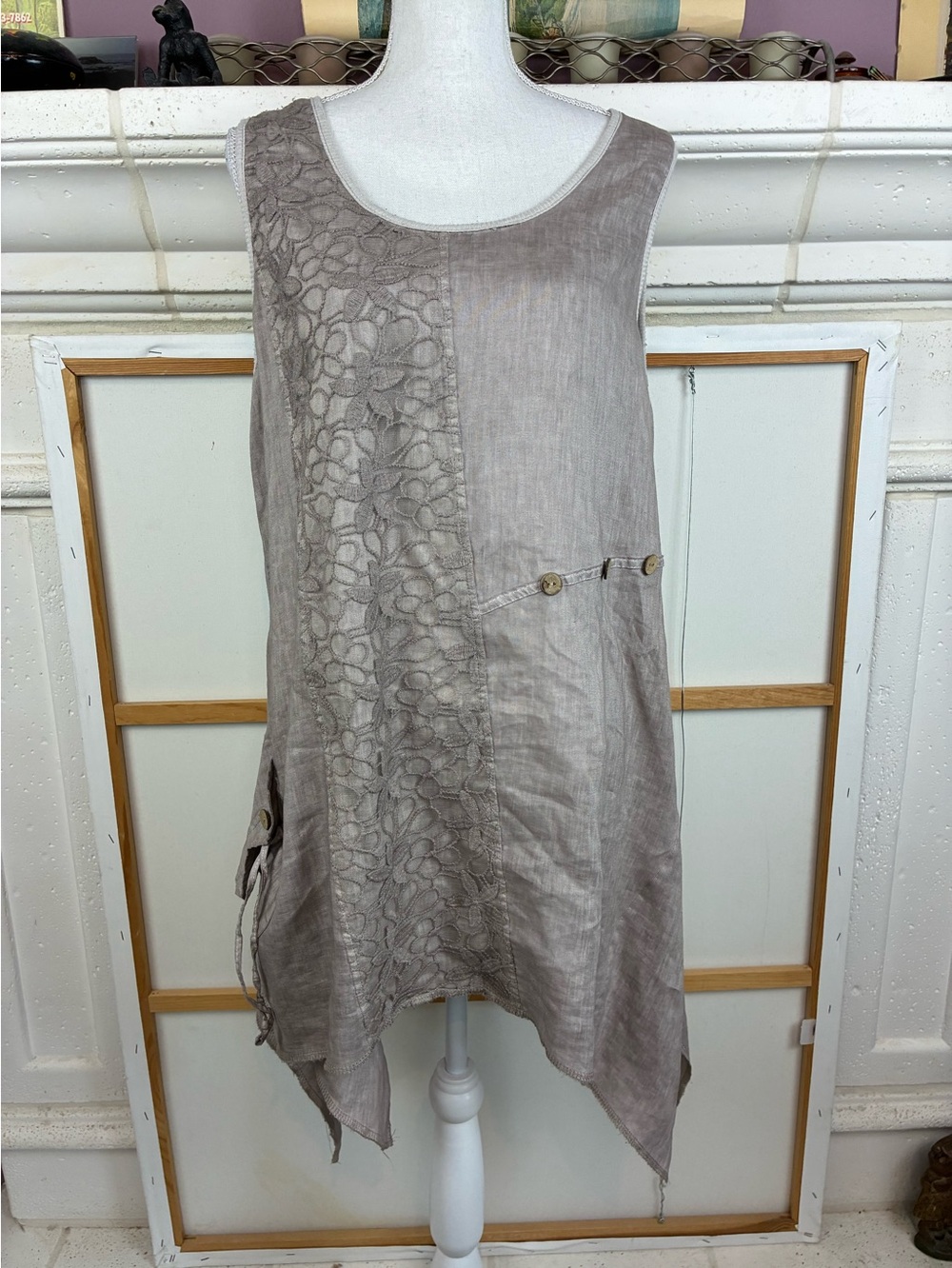 Aziza Boho Linen Tunic w/Crochet Panel and Button Pocket, Assym Hem